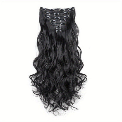 Clip In Hair Extensions - In 22 Inch 7pcs Set 16 Black Natural Wave Long Synthetic Hairpiece for - product detail view 10