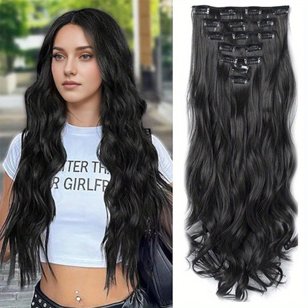 Clip In Hair Extensions - In 22 Inch 7pcs Set 16 Black Natural Wave Long Synthetic Hairpiece for - product detail view 14
