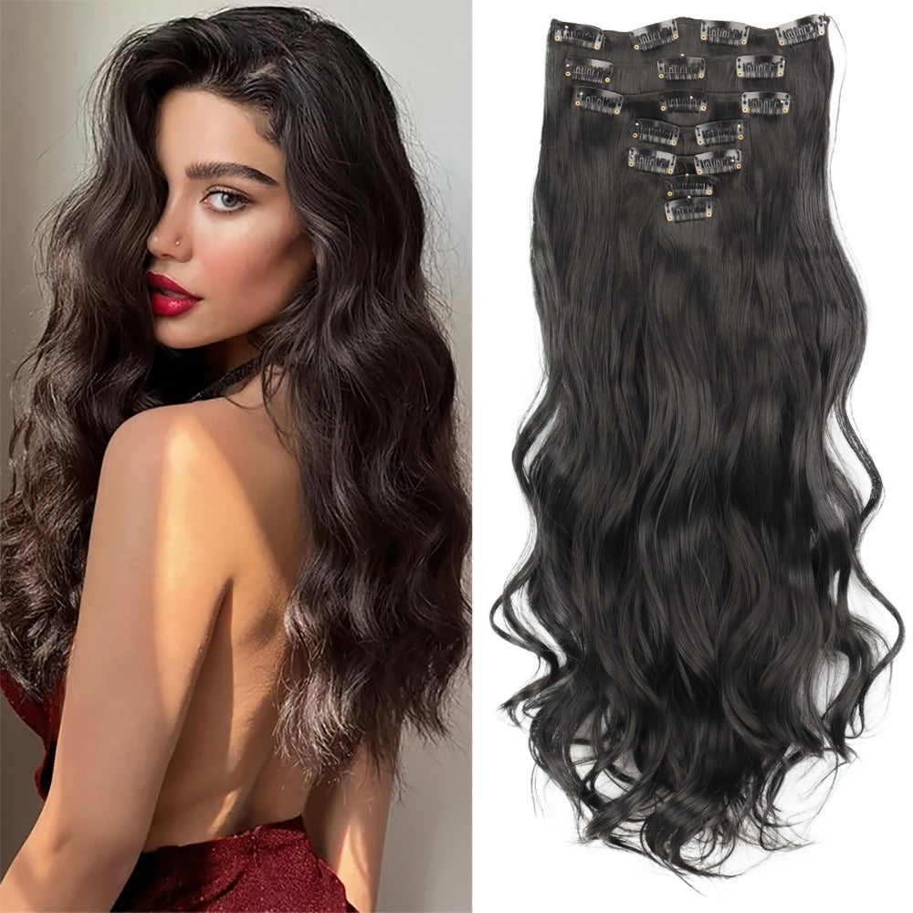 Clip In Hair Extensions - In 22 Inch 7pcs Set 16 Black Natural Wave Long Synthetic Hairpiece for - product detail view 15