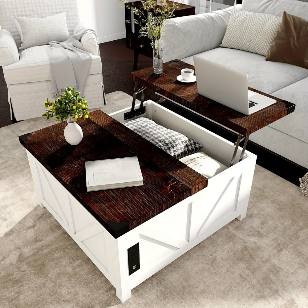 Coffee Table, Lift Top with Storage and Charging Station, Farmhouse Wood Square Center shown in the main product view