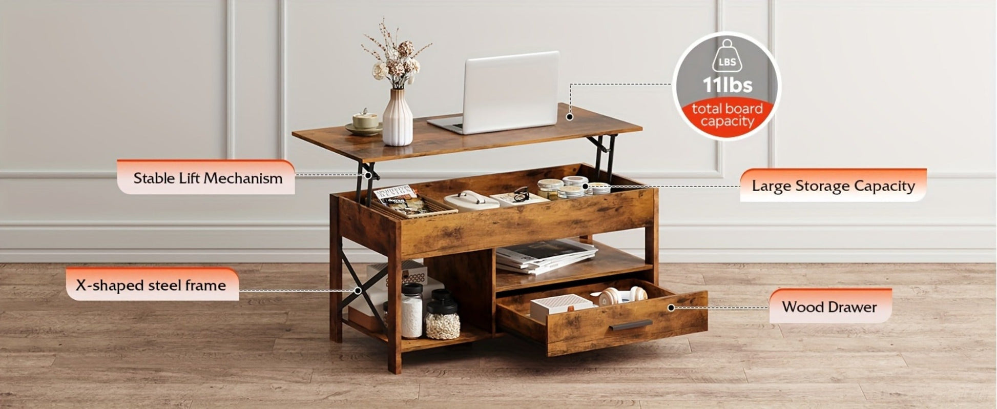 Coffee Table with Storage Drawers and Lift-Top Storage for Living Room detail image - detail view 18