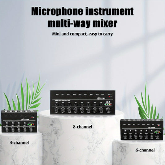 Compact 4/6/8-Channel Stereo Audio Mixer with USB-C Power and Level Controls shown in the main product view