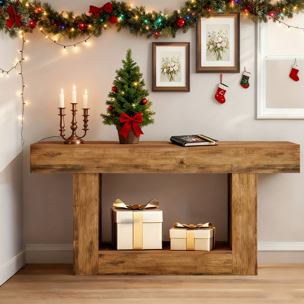 Console Table, Farmhouse with U-Shaped Base & Open Shelf, Rustic Country Style MDF shown in the main product view