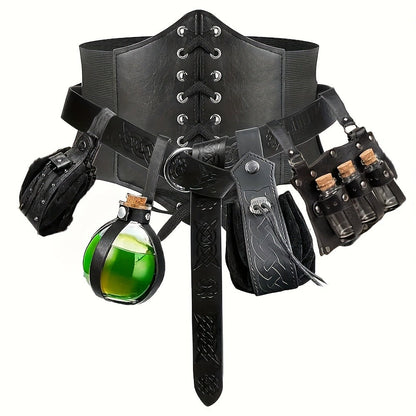 Costume Accessories - Renaissance Corset Set 6PCS Medieval Belt, Pouches, Waist Guard & Cork - product detail view 3