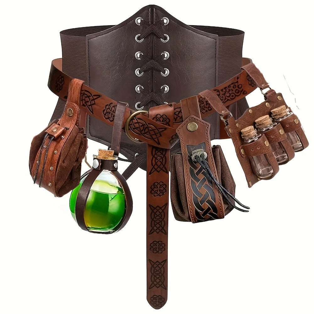 Costume Accessories - Renaissance Corset Set 6PCS Medieval Belt, Pouches, Waist Guard & Cork - product detail view 5
