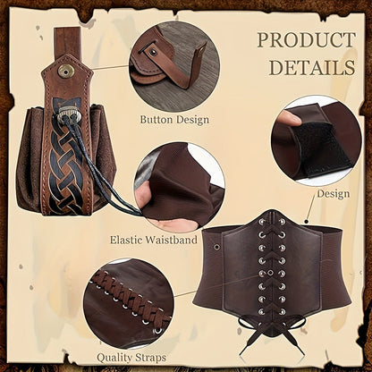 Costume Accessories - Renaissance Corset Set 6PCS Medieval Belt, Pouches, Waist Guard & Cork - product detail view 10