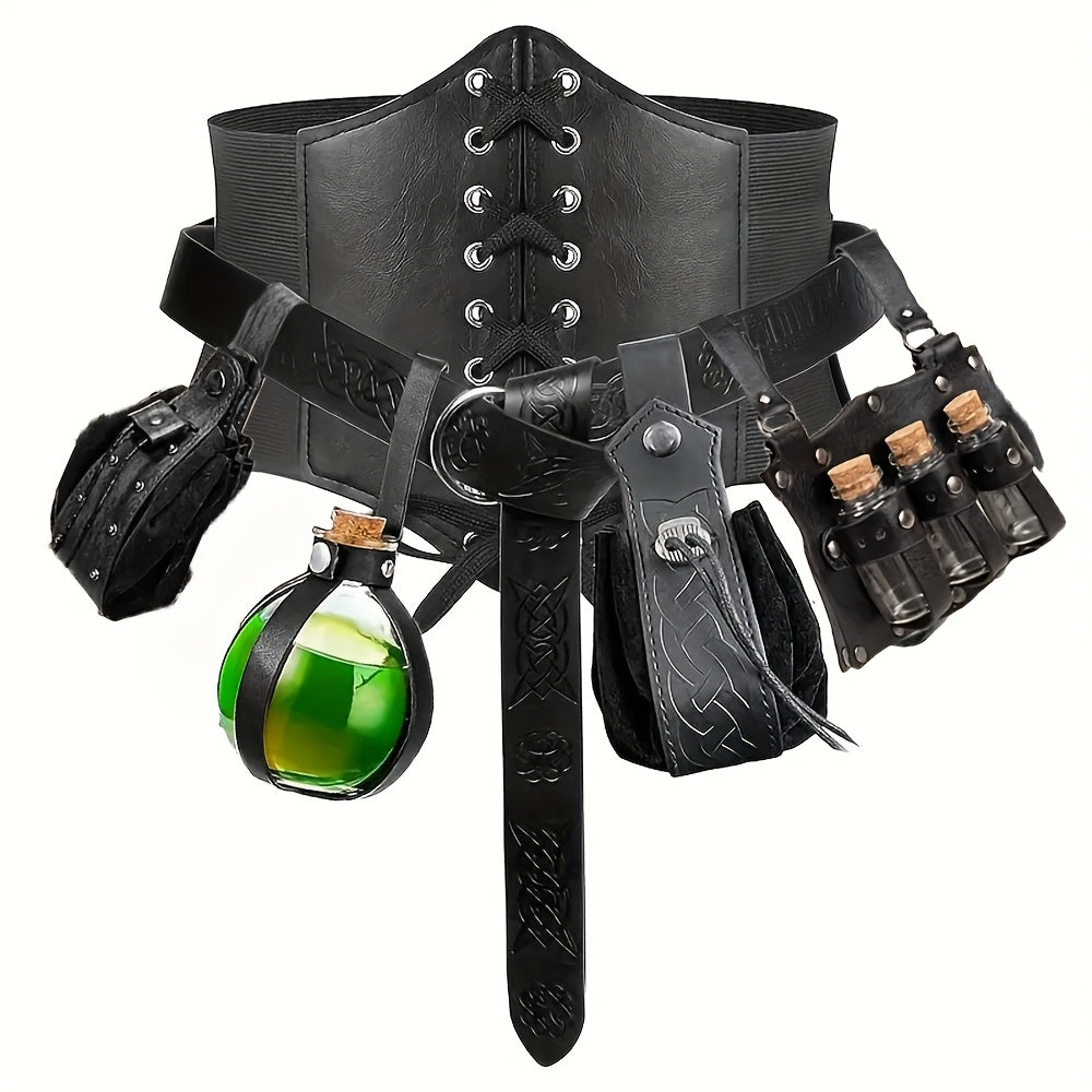Costume Accessories - Renaissance Corset Set 6PCS Medieval Belt, Pouches, Waist Guard & Cork - product detail view 12