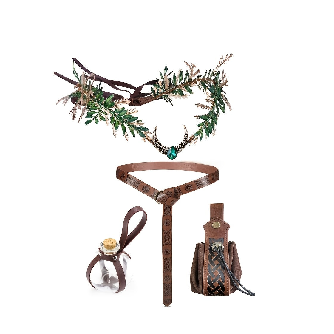 Costume Accessories - Renaissance Fairy Set 4 Pcs for Women | Medieval Elf Crown Headband Belt - product detail view 8