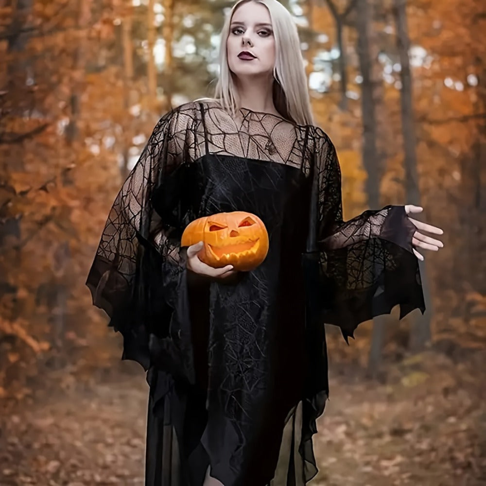 Costume Accessory - Halloween Cloak Women Black Spider Web Bat Shawl Cape Magic Witch Wrap - product detail view 7