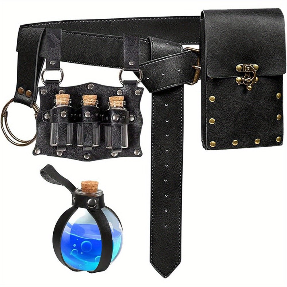 Costume Accessory Sets - Renaissance Set 5 Pieces Belt Pouch Waist Bag Potion Vials Keyring Hook - main product view