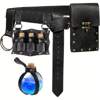 Costume Accessory Sets - Renaissance Set 5 Pieces Belt Pouch Waist Bag Potion Vials Keyring Hook - main product view