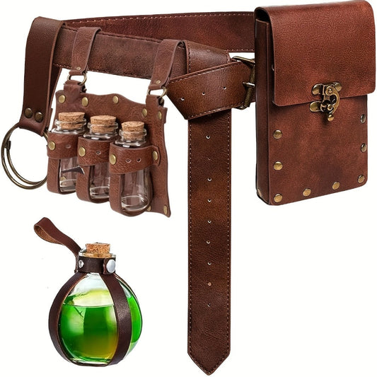 Costume Accessory Sets - Renaissance Set 5 Pieces Belt Pouch Waist Bag Potion Vials Keyring Hook - product detail view 2