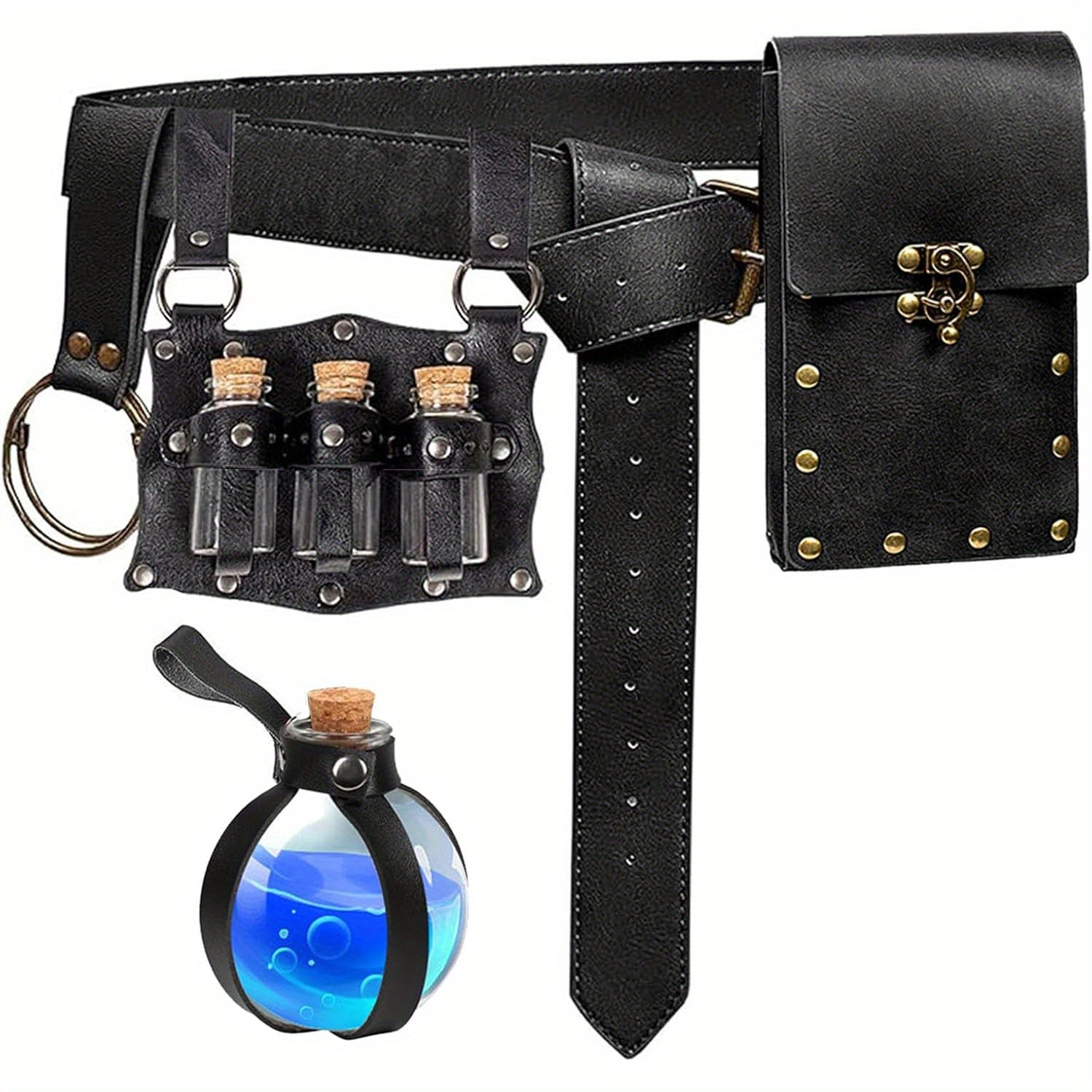 Costume Accessory Sets - Renaissance Set 5 Pieces Belt Pouch Waist Bag Potion Vials Keyring Hook - product detail view 10