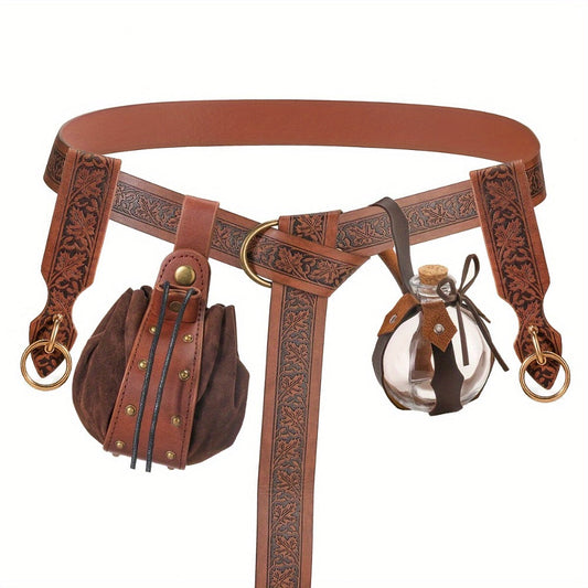 Costume Belt Set - Renaissance 5pcs | Medieval Viking Embossed Faux Leather with Pouches - main product view