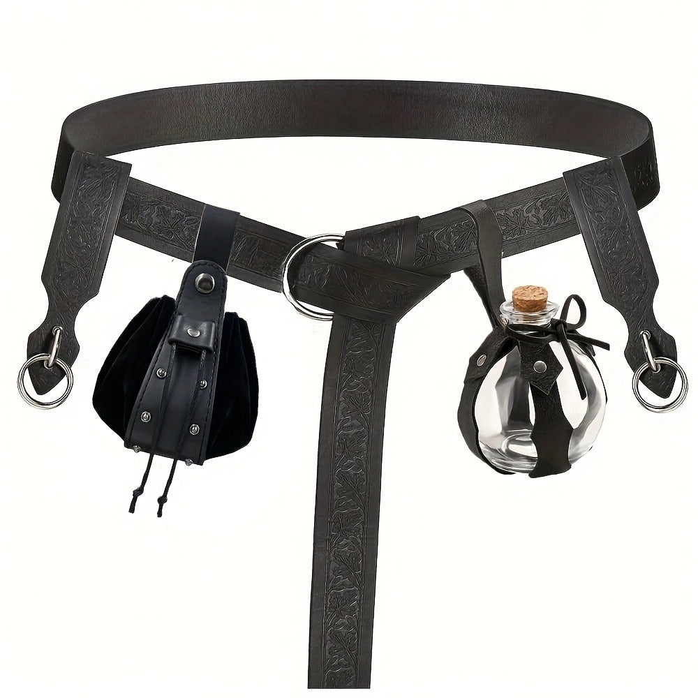 Costume Belt Set - Renaissance 5pcs | Medieval Viking Embossed Faux Leather with Pouches - product detail view 3
