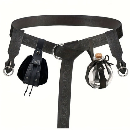 Costume Belt Set - Renaissance 5pcs | Medieval Viking Embossed Faux Leather with Pouches - product detail view 3