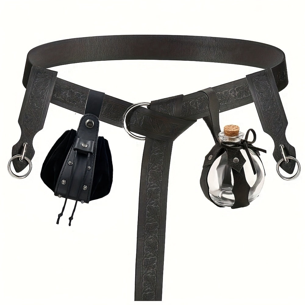 Costume Belt Set - Renaissance 5pcs | Medieval Viking Embossed Faux Leather with Pouches - product detail view 7