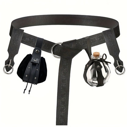 Costume Belt Set - Renaissance 5pcs | Medieval Viking Embossed Faux Leather with Pouches - product detail view 7