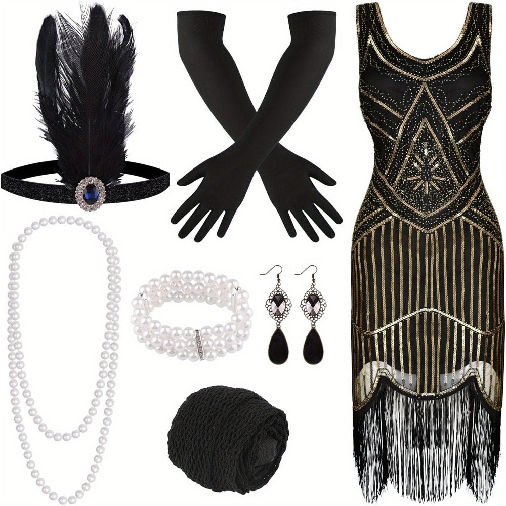 Costume Set - Flapper Dress 1920s for Women 10-Piece Sequin Beaded Fringe Midi Dress - main product view