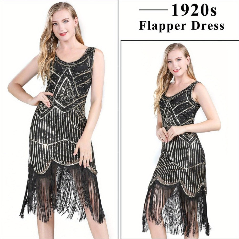Costume Set - Flapper Dress 1920s for Women 10-Piece Sequin Beaded Fringe Midi Dress - product detail view 2