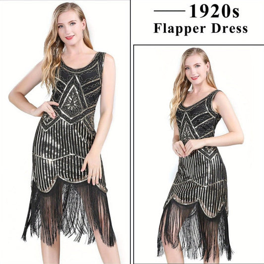 Costume Set - Flapper Dress 1920s for Women 10-Piece Sequin Beaded Fringe Midi Dress - product detail view 2