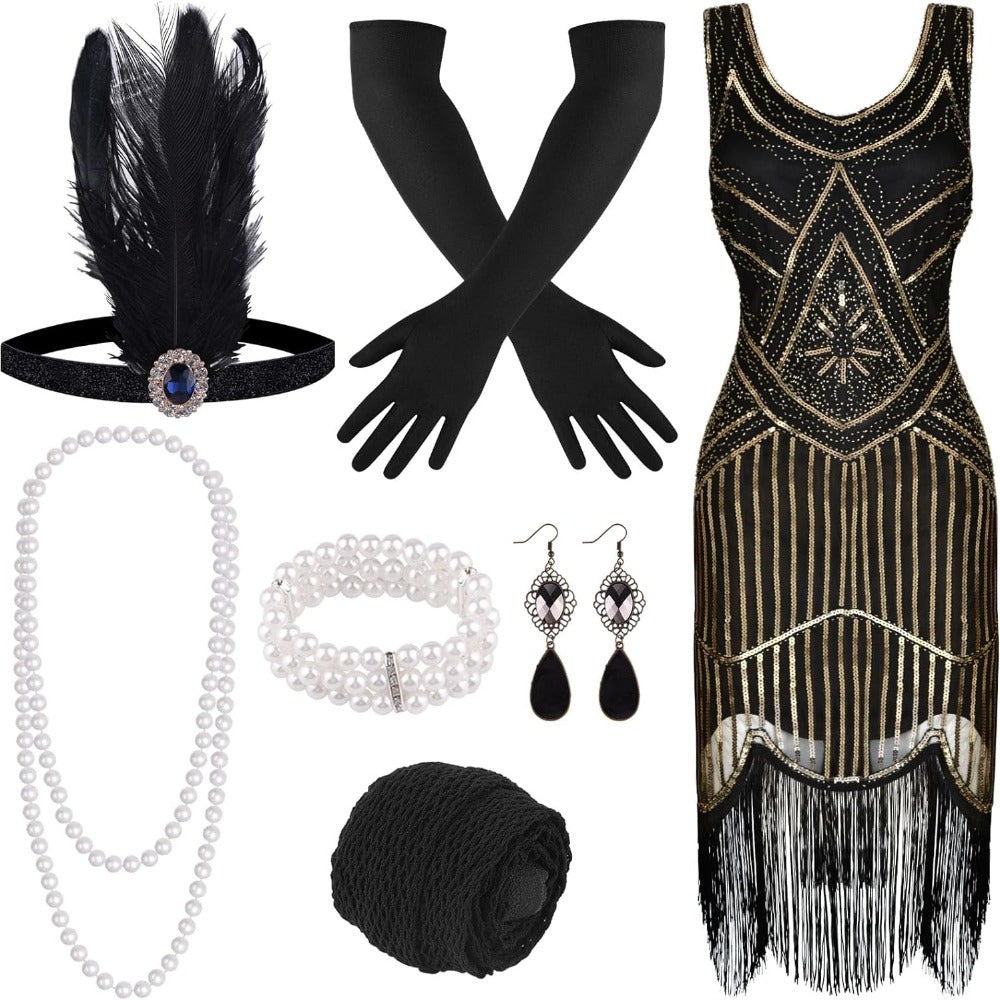 Costume Set - Flapper Dress 1920s for Women 10-Piece Sequin Beaded Fringe Midi Dress - product detail view 3