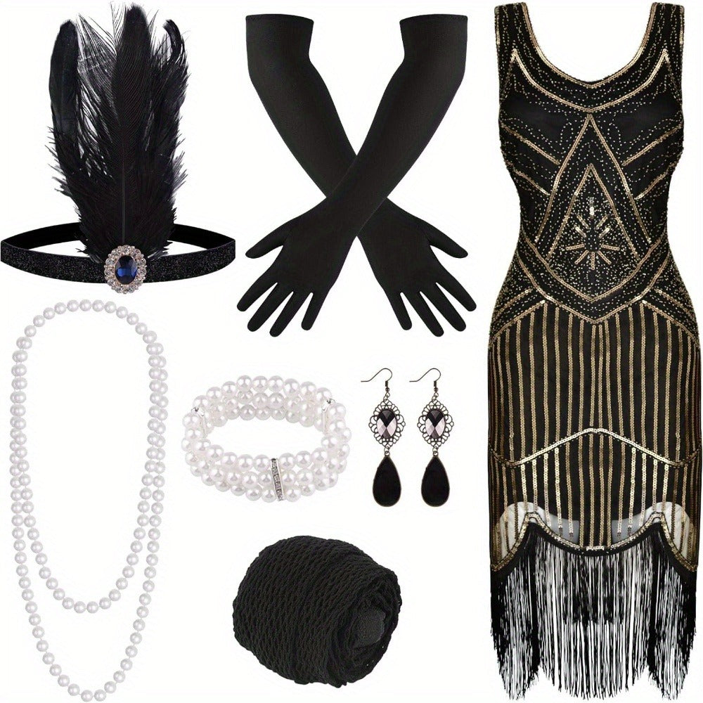 Costume Set - Flapper Dress 1920s for Women 10-Piece Sequin Beaded Fringe Midi Dress - product detail view 7