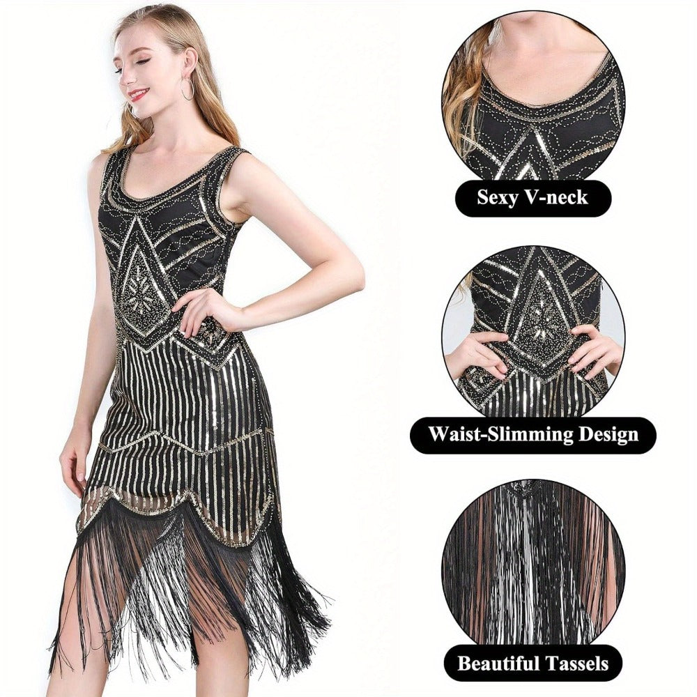 Costume Set - Flapper Dress 1920s for Women 10-Piece Sequin Beaded Fringe Midi Dress - product detail view 9