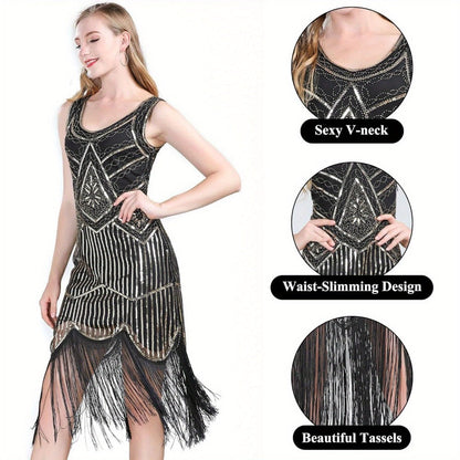 Costume Set - Flapper Dress 1920s for Women 10-Piece Sequin Beaded Fringe Midi Dress - product detail view 9
