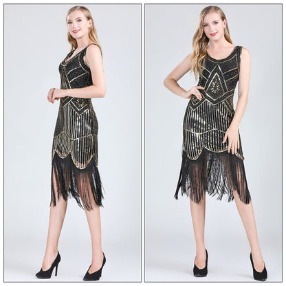 Costume Set - Flapper Dress 1920s for Women 10-Piece Sequin Beaded Fringe Midi Dress - product detail view 11