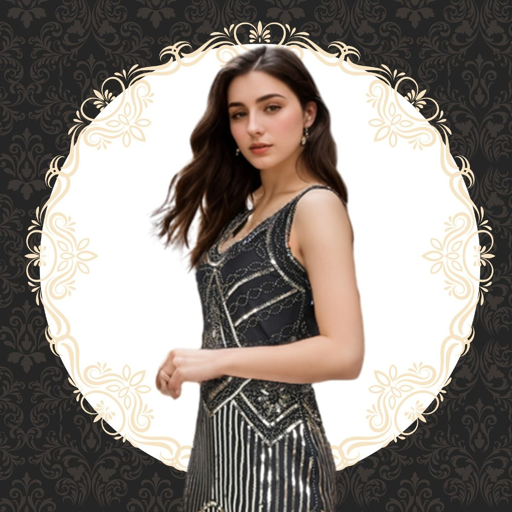 Costume Set - Flapper Dress 1920s for Women 10-Piece Sequin Beaded Fringe Midi Dress - product detail view 12