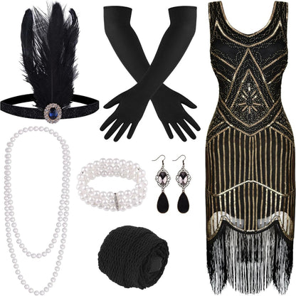 Costume Set - Flapper Dress 1920s for Women 10-Piece Sequin Beaded Fringe Midi Dress - product detail view 13