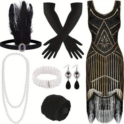 Costume Set - Flapper Dress 1920s for Women 10-Piece Sequin Beaded Fringe Midi Dress - product detail view 16