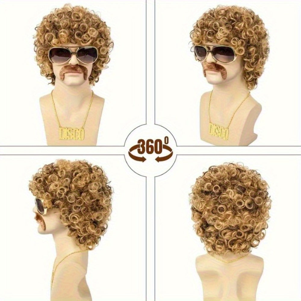 Costume Wigs & Sets - 70s Disco Wig Set for Men - 5 Piece Curly Short Afro Wig with Cap - product detail view 3