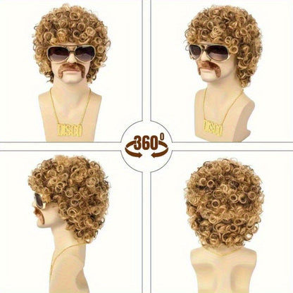 Costume Wigs & Sets - 70s Disco Wig Set for Men - 5 Piece Curly Short Afro Wig with Cap - product detail view 3