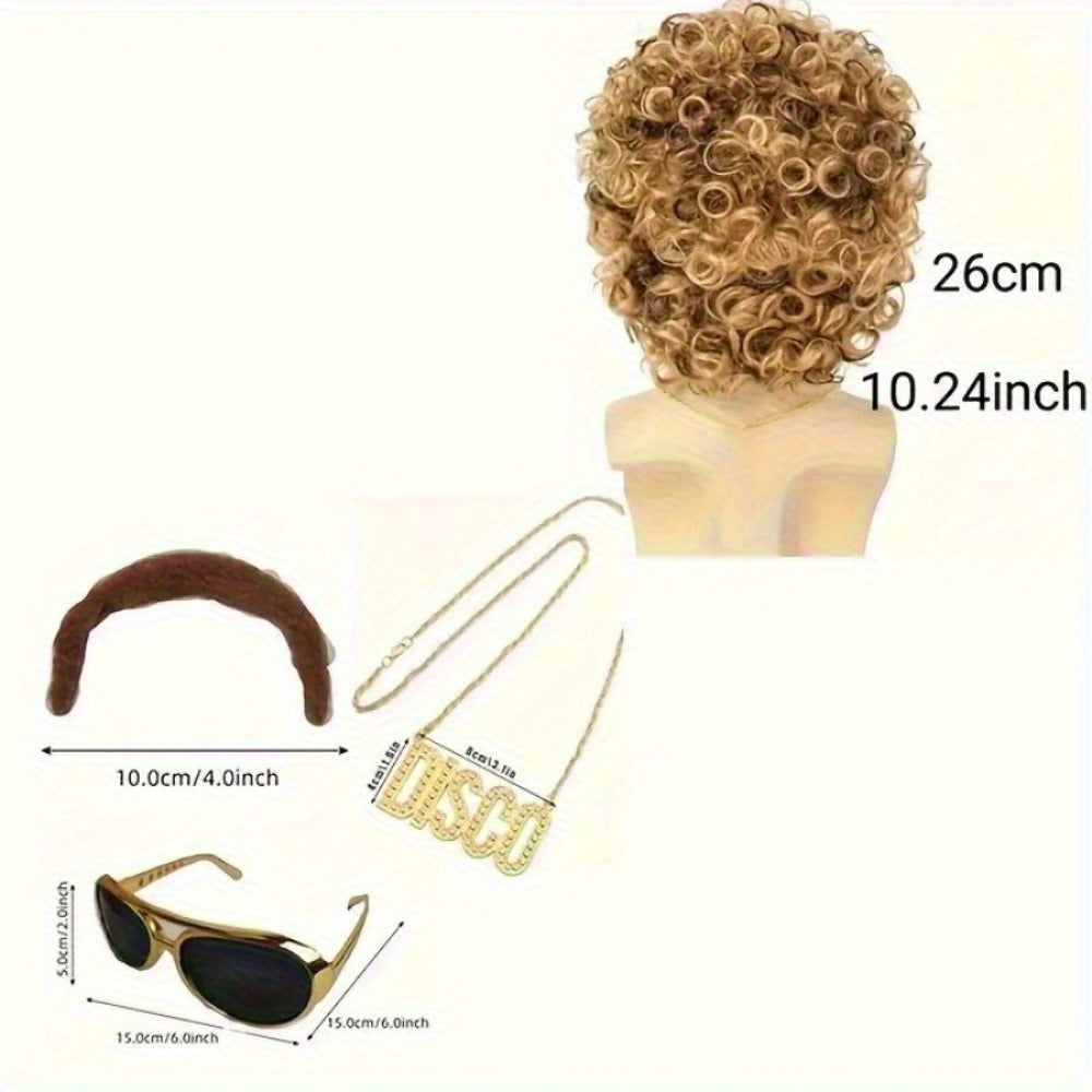 Costume Wigs & Sets - 70s Disco Wig Set for Men - 5 Piece Curly Short Afro Wig with Cap - product detail view 4