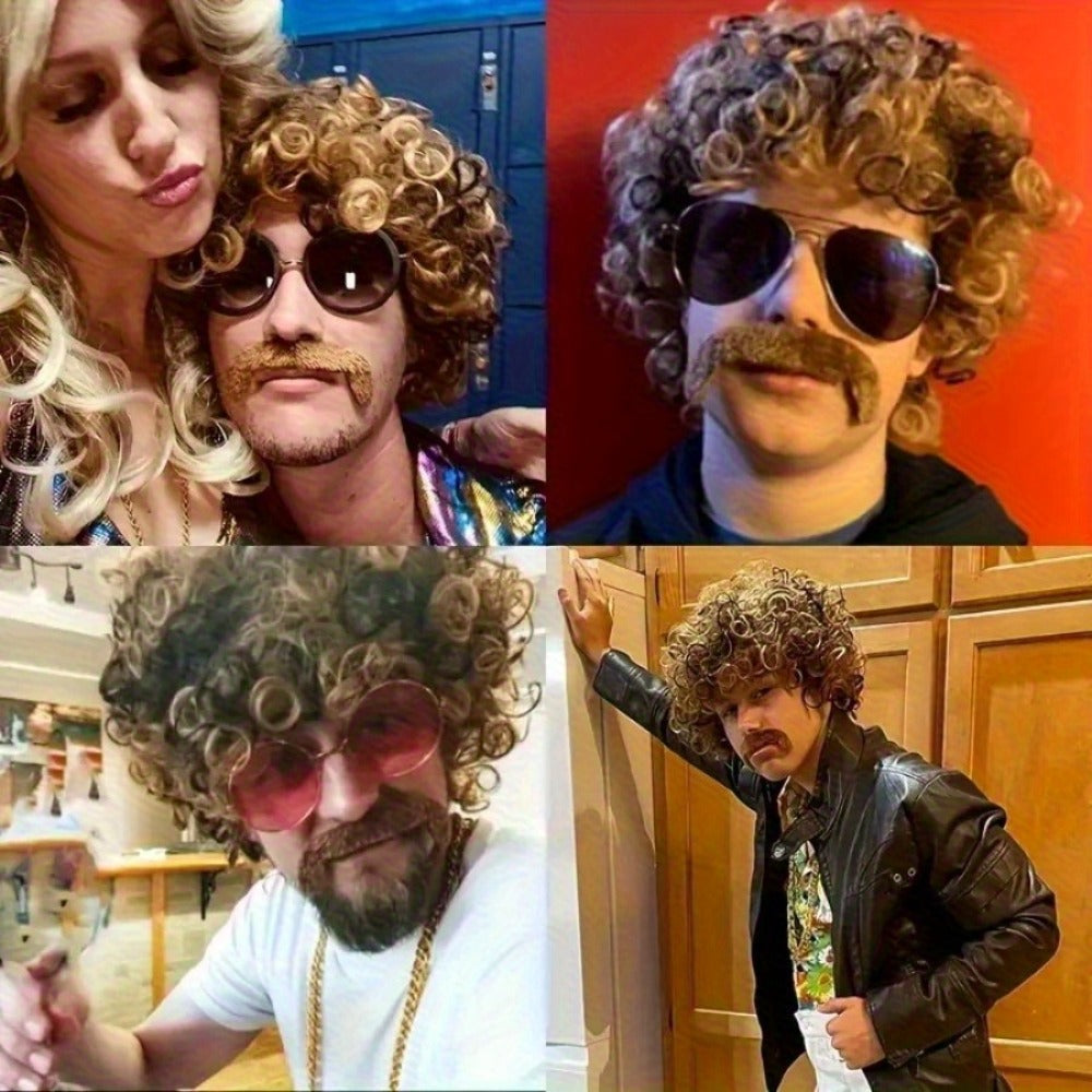Costume Wigs & Sets - 70s Disco Wig Set for Men - 5 Piece Curly Short Afro Wig with Cap - product detail view 6