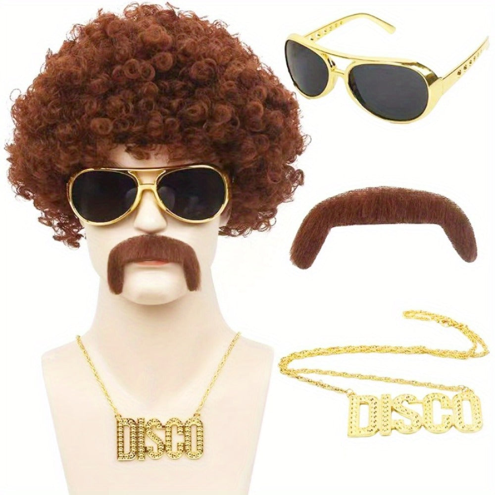 Costume Wigs & Sets - 70s Disco Wig Set for Men - 5 Piece Curly Short Afro Wig with Cap - product detail view 10