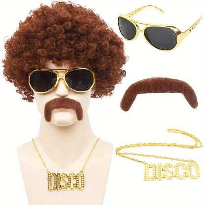 Costume Wigs & Sets - 70s Disco Wig Set for Men - 5 Piece Curly Short Afro Wig with Cap - product detail view 10