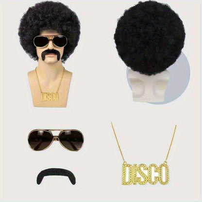 Costume Wigs & Sets - 70s Disco Wig Set for Men - 5 Piece Curly Short Afro Wig with Cap - product detail view 11