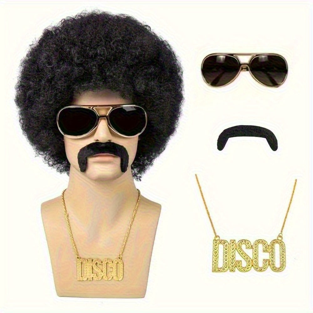 Costume Wigs & Sets - 70s Disco Wig Set for Men - 5 Piece Curly Short Afro Wig with Cap - product detail view 12