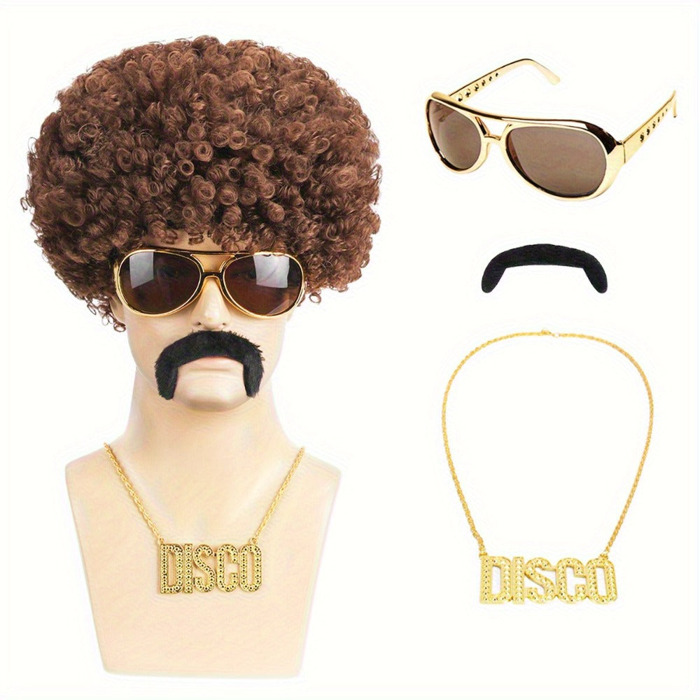 Costume Wigs & Sets - 70s Disco Wig Set for Men - 5 Piece Curly Short Afro Wig with Cap - product detail view 13
