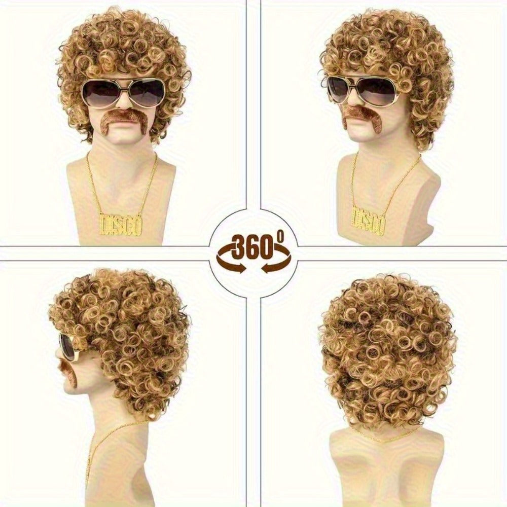 Costume Wigs & Sets - 70s Disco Wig Set for Men - 5 Piece Curly Short Afro Wig with Cap - product detail view 14