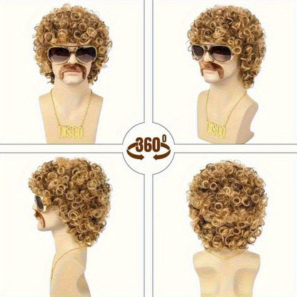 Costume Wigs & Sets - 70s Disco Wig Set for Men - 5 Piece Curly Short Afro Wig with Cap - product detail view 14