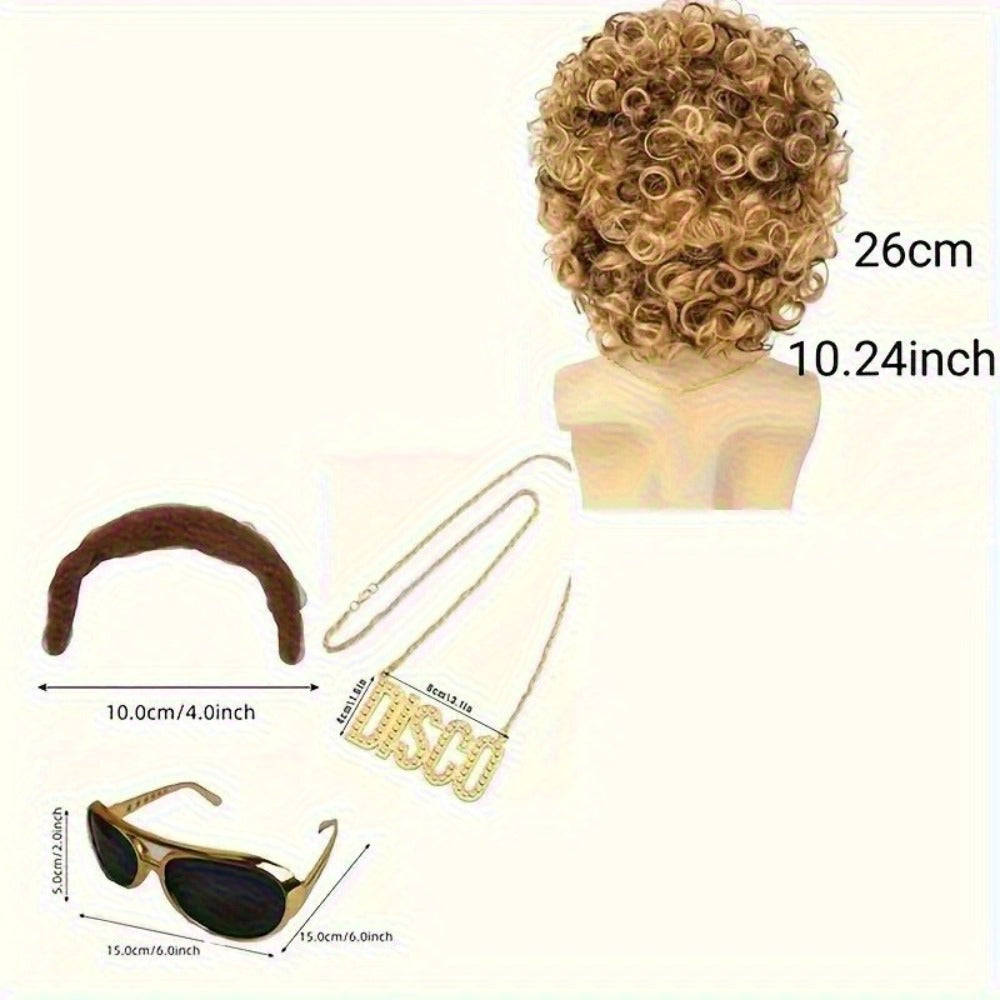 Costume Wigs & Sets - 70s Disco Wig Set for Men - 5 Piece Curly Short Afro Wig with Cap - product detail view 17
