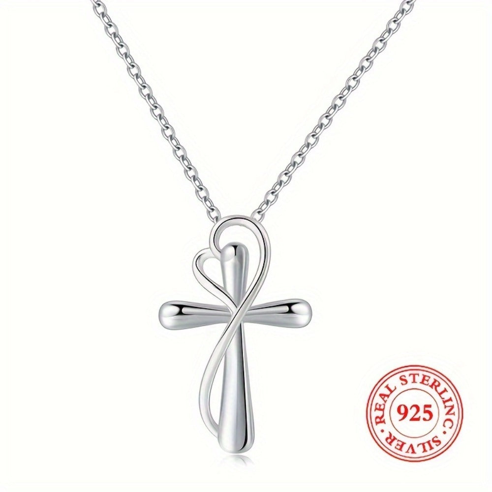 Cross Necklace - 925 Sterling Silver Pendant for Women Love Heart Religious Charm Jewelry - product detail view 3