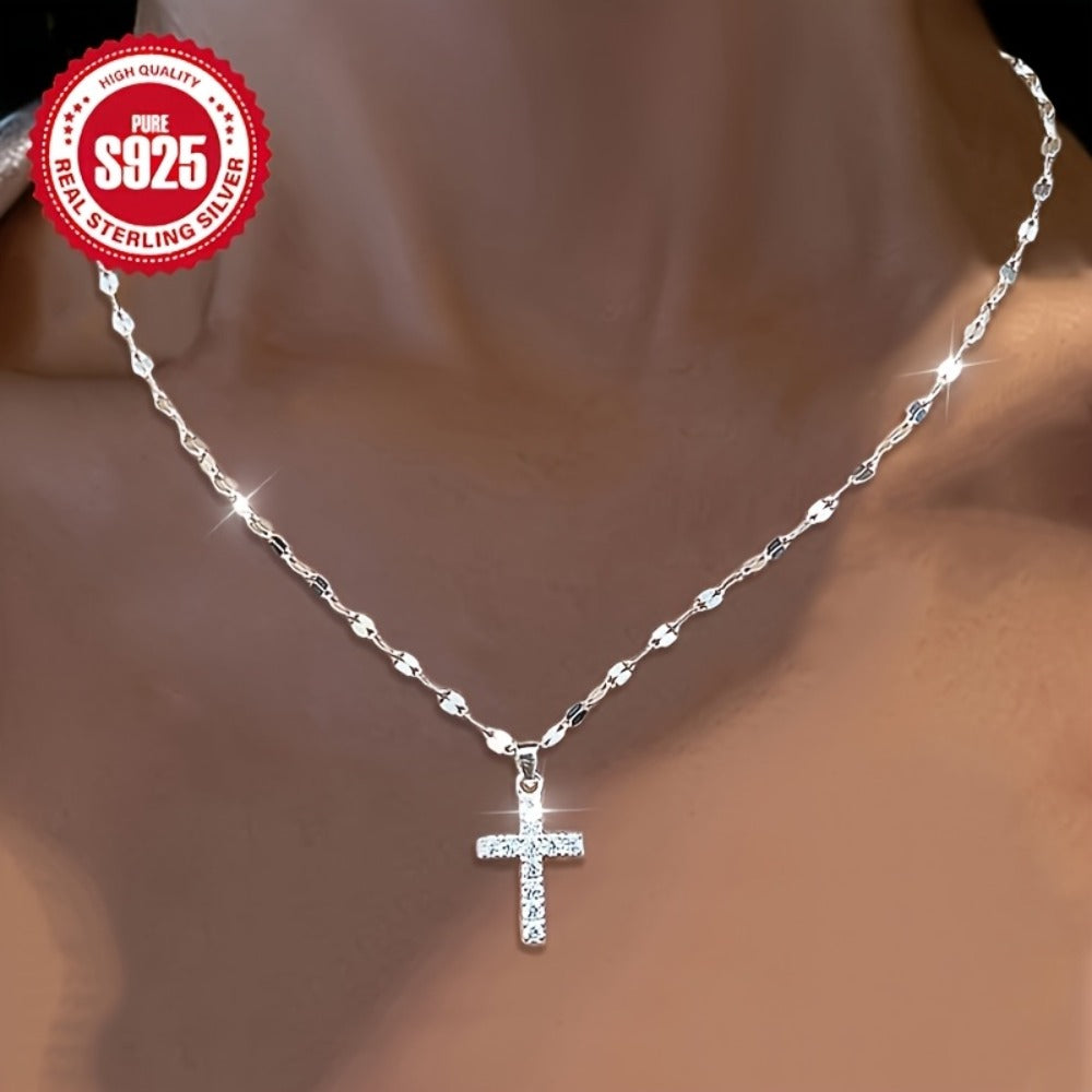 Cross Necklace - Lip 925 Sterling Silver with Cubic Zirconia & Heart Charm - Boho Sexy - product detail view 2