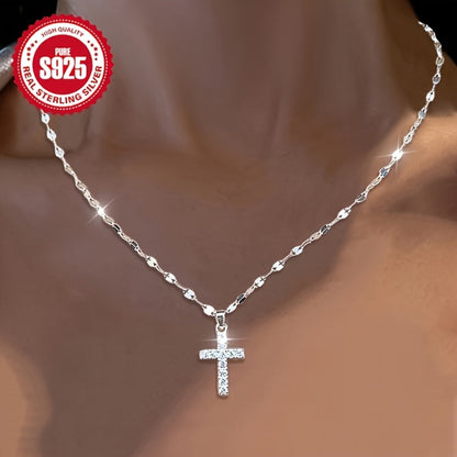 Cross Necklace - Lip 925 Sterling Silver with Cubic Zirconia & Heart Charm - Boho Sexy - product detail view 2