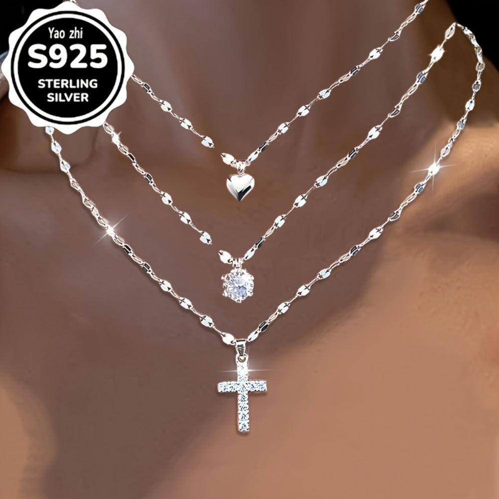Cross Necklace - Lip 925 Sterling Silver with Cubic Zirconia & Heart Charm - Boho Sexy - product detail view 3