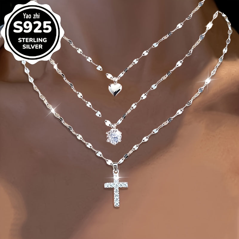 Cross Necklace - Lip 925 Sterling Silver with Cubic Zirconia & Heart Charm - Boho Sexy - product detail view 7
